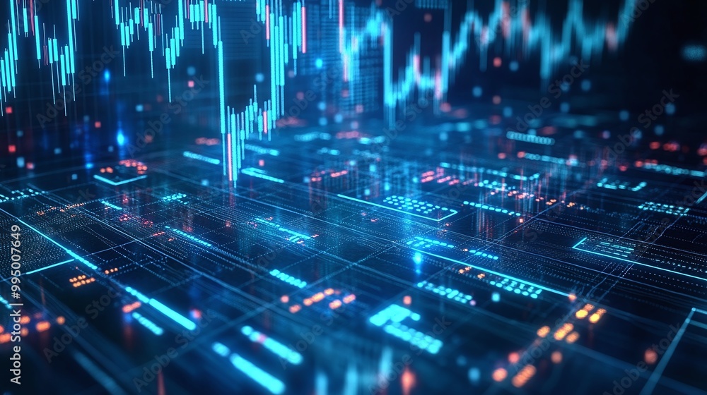 Poster abstract digital financial data visualization with glowing graphs and charts on a dark background.