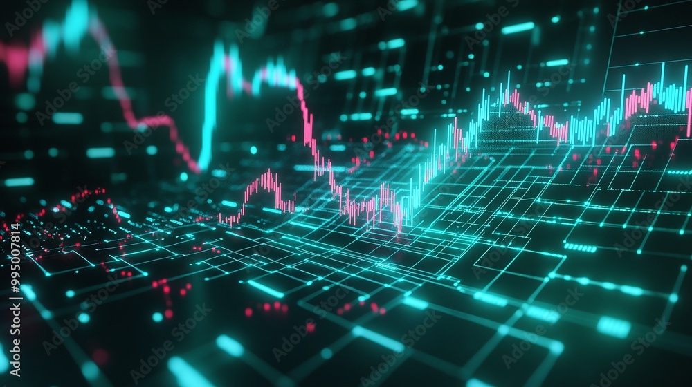 Aufkleber abstract digital financial data visualization with glowing graphs in teal and pink tones against a d