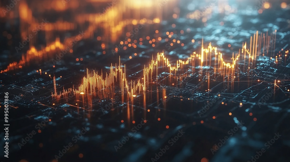 Poster abstract digital financial data visualization with glowing lines and patterns on a dark background.