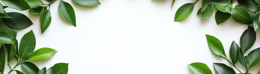Obraz premium Fresh green leaves create a beautiful border on a white background, perfect for nature-themed designs and natural backgrounds.
