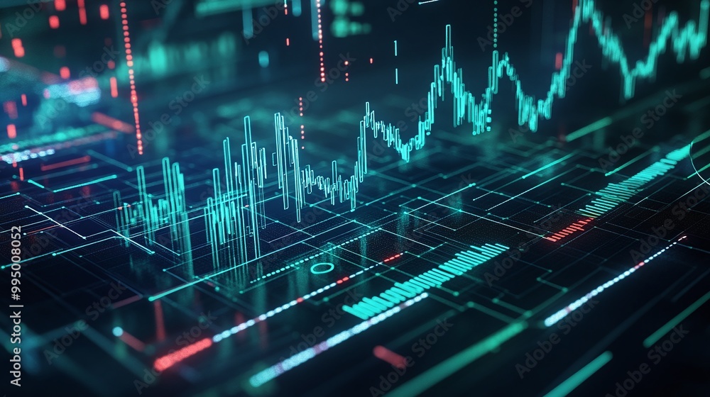 Poster abstract digital financial data visualization with graphs and charts showing market trends against a