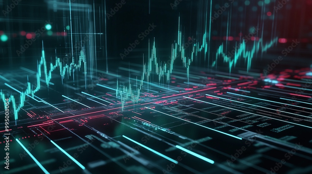 Poster abstract digital financial data visualization with graphs and lines in green and red tones.