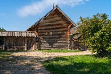 View of an ancient log building on the territory of the Pushkin village in Bugrovo of the Pushkin...