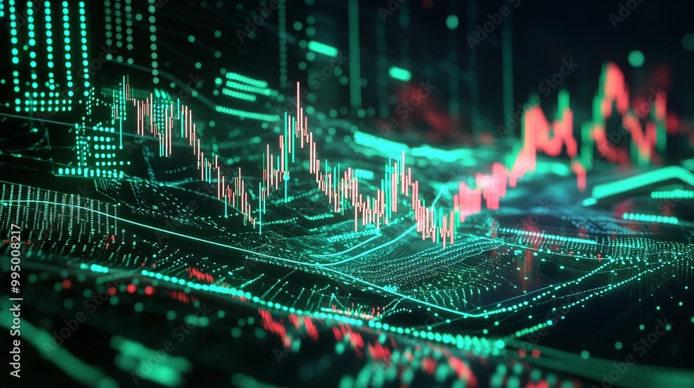 Poster abstract digital financial data visualization with vibrant colors and dynamic graphs.