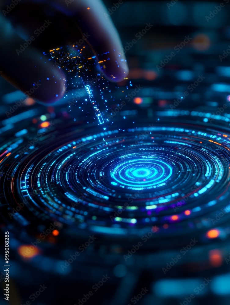 Aufkleber a hand interacts with a holographic interface, symbolizing the exchange of information and knowledge