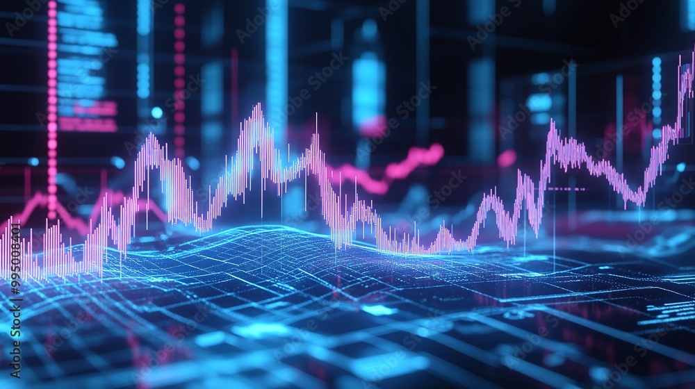 Aufkleber abstract digital financial data with vibrant graphs and charts on a dark background.