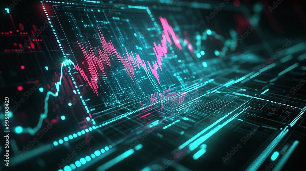 Poster abstract digital financial graph displaying data trends in vibrant colors on a dark background.