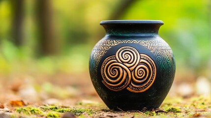 Celtic ancient jar with triple spiral design, in a mystical woodland clearing