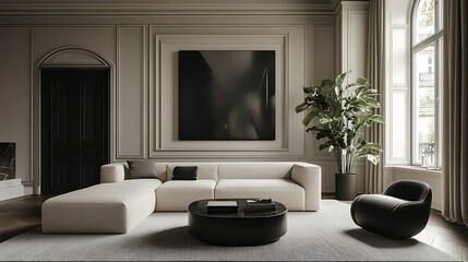 Modern living room with minimalist design and plants.