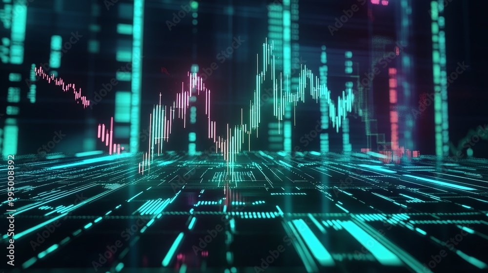 Poster abstract digital financial graph with colorful data visualization on a futuristic interface.