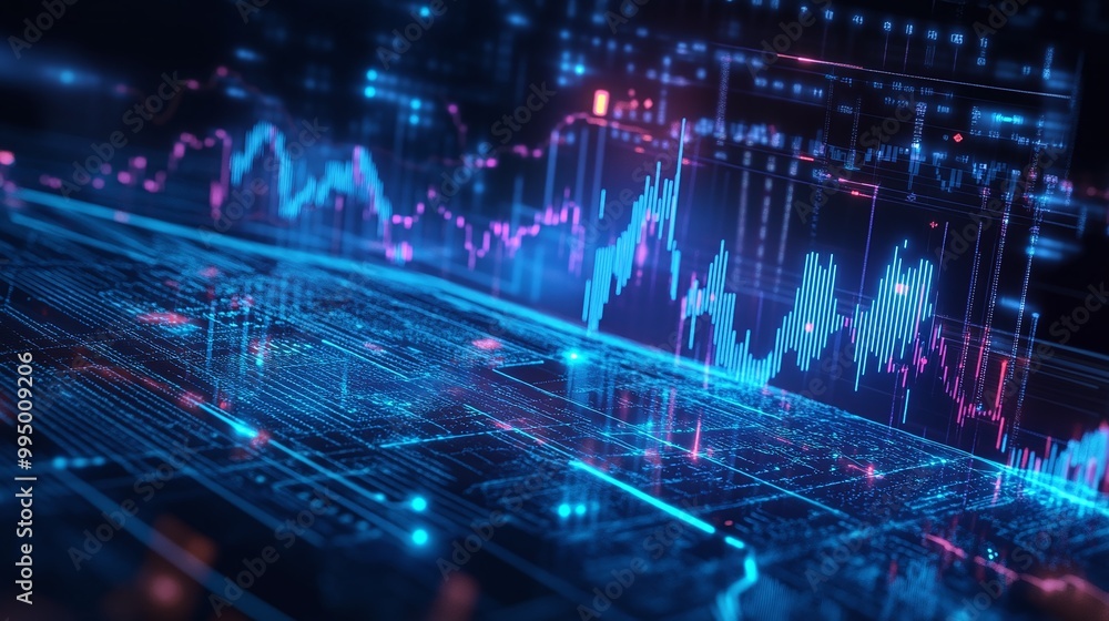 Poster abstract digital financial graph with glowing lines and charts on a dark background for business ana
