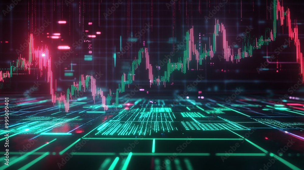Poster abstract digital financial graph with glowing lines and data points on a dark background, symbolizin