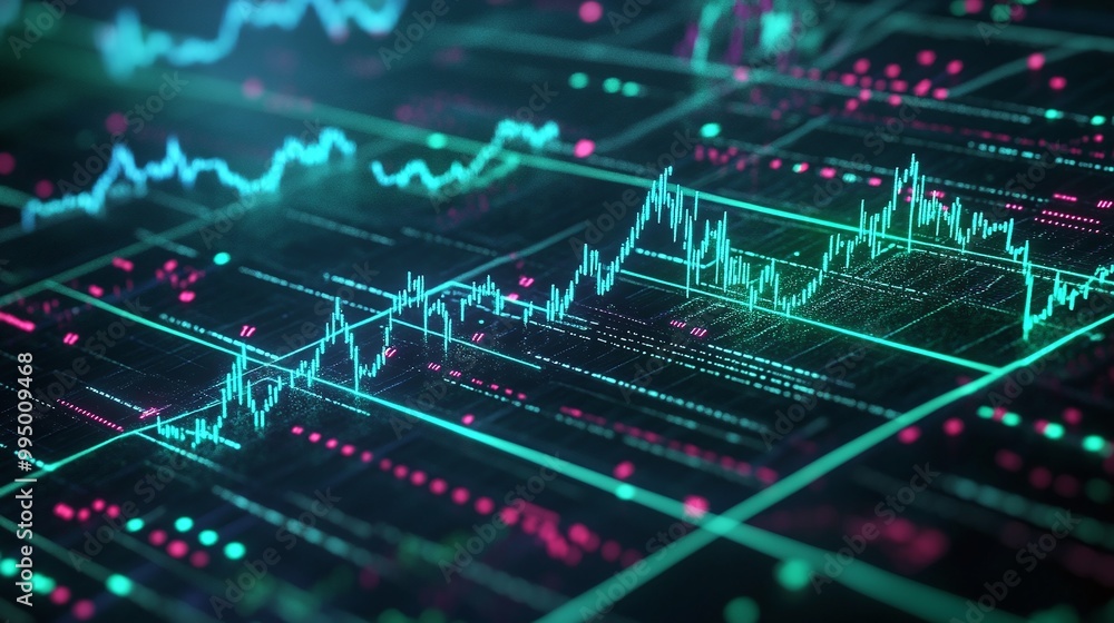 Poster abstract digital financial graph with glowing lines and data points, representing market trends and 