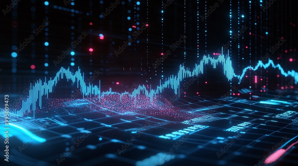 Poster abstract digital financial graph with glowing lines and data points on a modern interface.