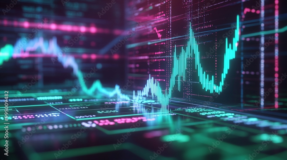 Poster abstract digital financial graph with glowing lines and data visualization elements on a dark backgr