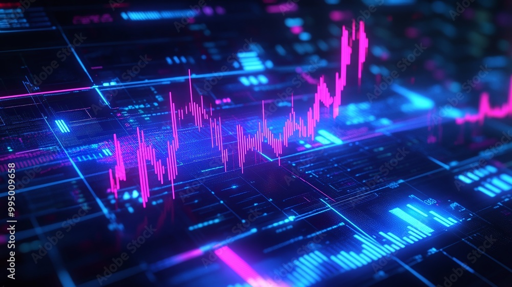 Poster abstract digital financial graph with neon colors representing data trends and analysis.