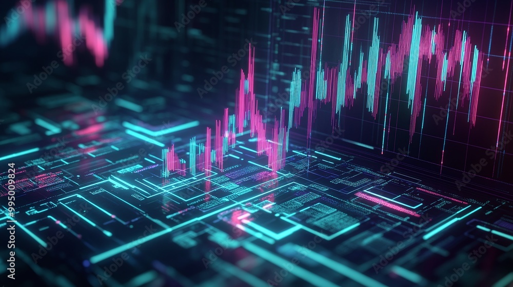 Poster abstract digital financial graph with vibrant colors for data visualization and analysis.