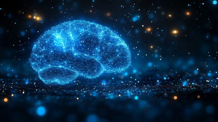 Abstract digital brain illustration with a glowing blue light.