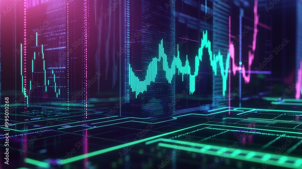Poster abstract digital financial market data visualization with colorful graphs and charts.