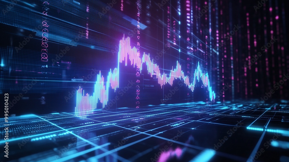 Poster abstract digital graph data visualization with vibrant colors showcasing financial trends and analyt