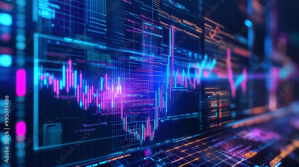 Poster abstract digital graph depicting stock market performance with vibrant colors and data visualization