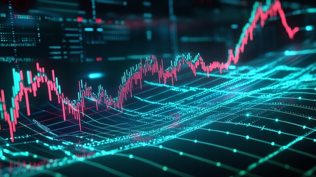 Abstract digital graph depicting financial growth with vibrant red and blue lines on a dark background.