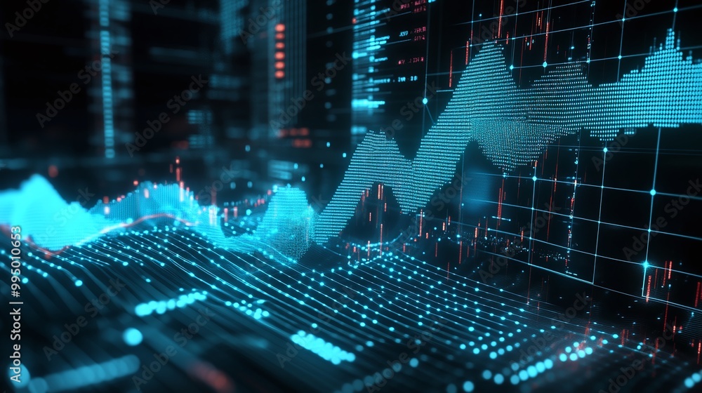 Poster abstract digital graph representing data trends and analytics with glowing lines and grids on a dark