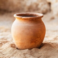 Etruscan ancient jar, half-buried in sand, Roman ruins background, historical discovery