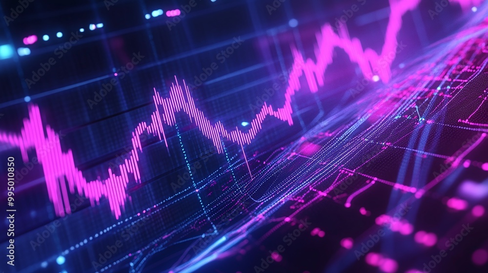 Poster abstract digital graph showing data trends in vibrant colors against a dark background.