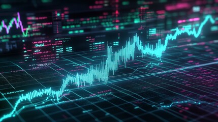 Abstract digital graph showcasing financial data trends, glowing lines, and vibrant colors on a dark background.