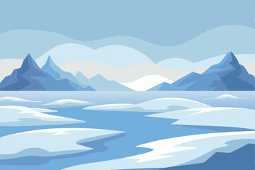 Illustration of a frozen tundra with snow-covered land and mountains under a pale sky.