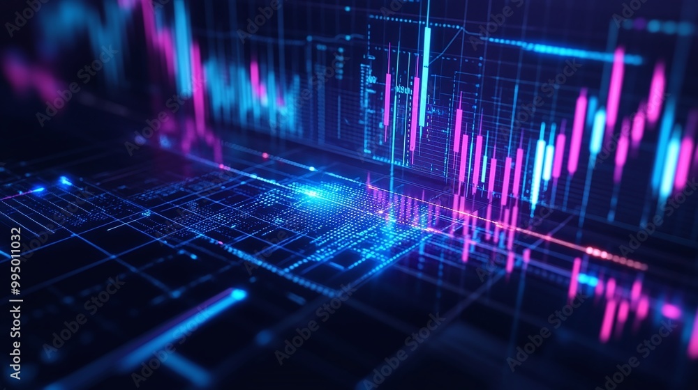 Poster abstract digital graph showing financial trends and data in vibrant colors against a dark background