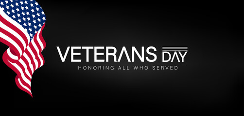 Background featuring the American flag with white text commemorating Veterans Day in a patriotic design