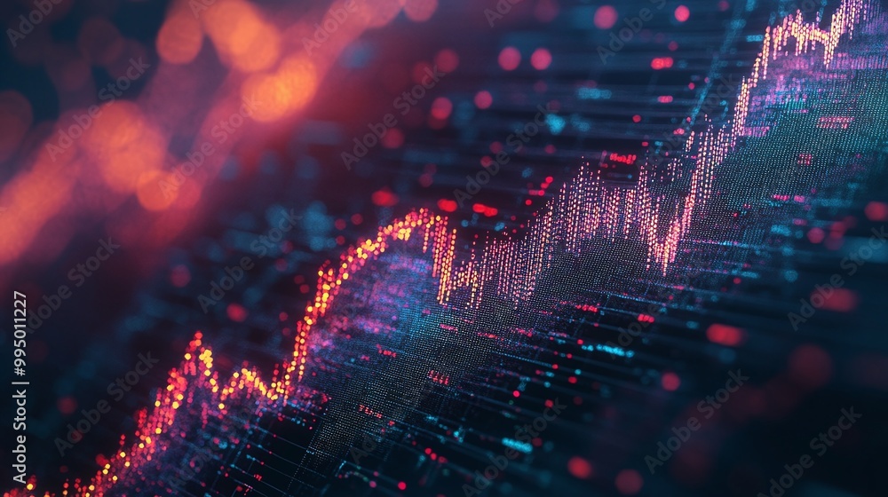 Poster abstract digital graph visualization with glowing lines representing data trends and statistical gro