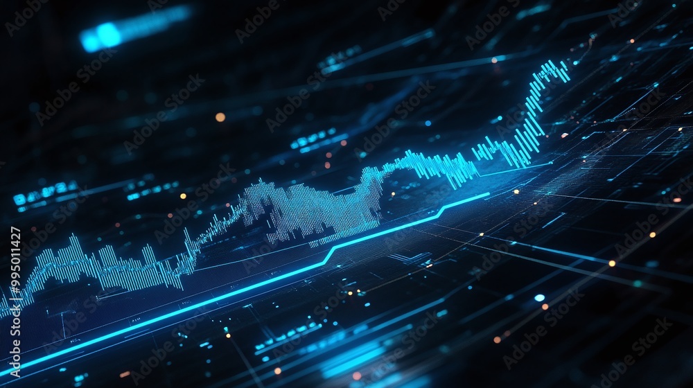 Poster abstract digital graph with blue lines on a dark background, representing data analysis and growth.