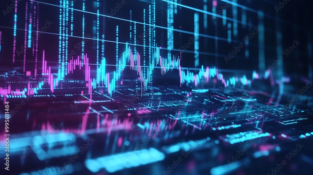 Poster abstract digital graph with bright blue and pink lines representing data trends and analytics.