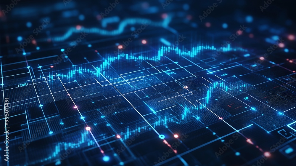 Poster abstract digital graph with blue lines and glowing elements representing data visualization.