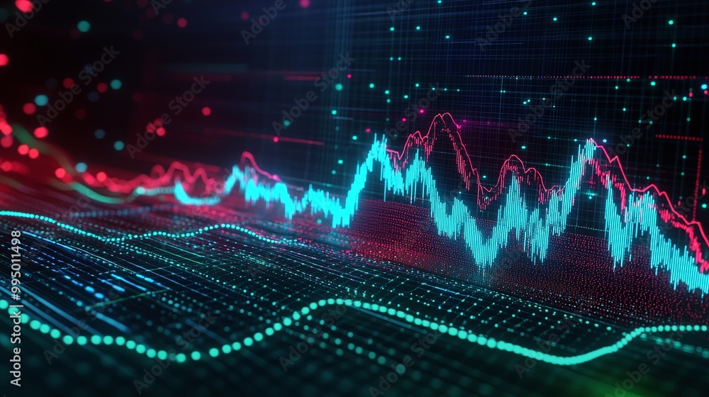 Poster abstract digital graph with colorful data visualization on a dark background.