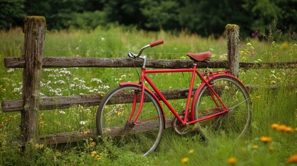 A red bicycle leaning against a rustic wooden fence, surrounded by green fields and wildflowers.