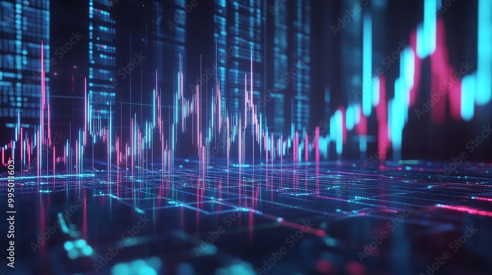 Poster abstract digital graph with fluctuating lines on a futuristic background, representing data analysis
