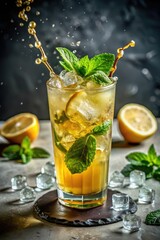 Iced tea with lemon and mint splashing in a glass.