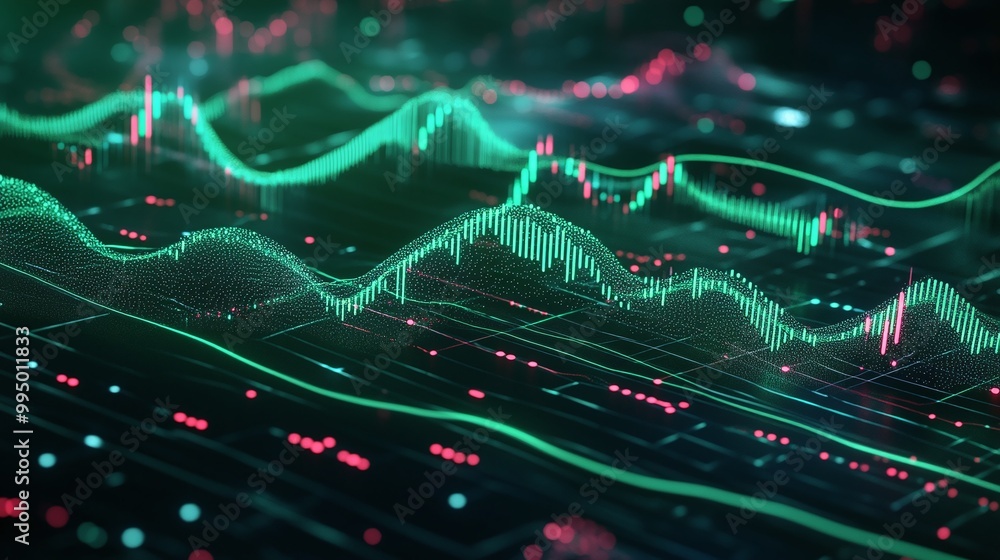Poster abstract digital graph with fluctuating lines showcasing data trends in vibrant neon colors.