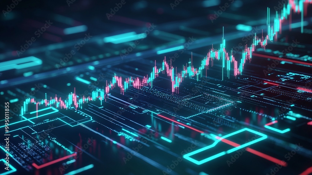 Poster abstract digital graph with glowing lines and data points on a dark background, symbolizing financia