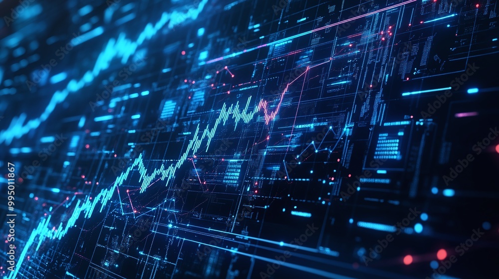Poster abstract digital graph with glowing lines and data visualization on a dark background, representing 