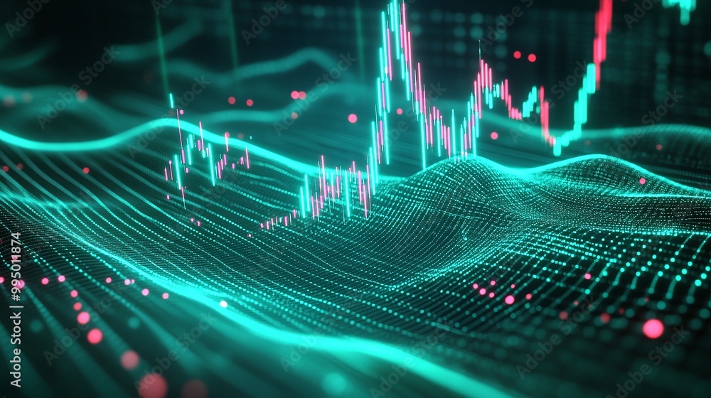 Poster abstract digital graph with glowing lines and vibrant data points representing analytical trends and