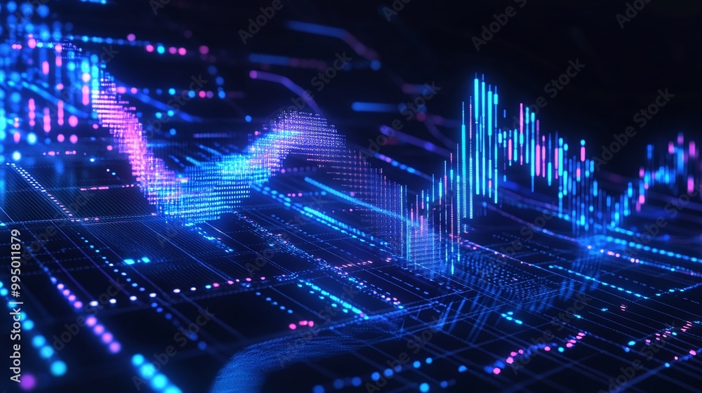 Poster abstract digital graph with vibrant blue and pink lines on a dark background, representing data anal