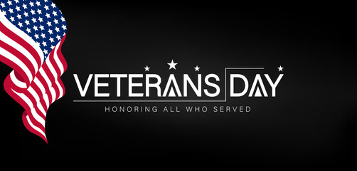 Background featuring the American flag with white text commemorating Veterans Day in a patriotic design