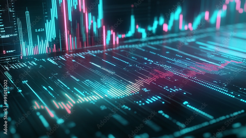 Poster abstract digital graph with vibrant colors representing data trends and analytics.