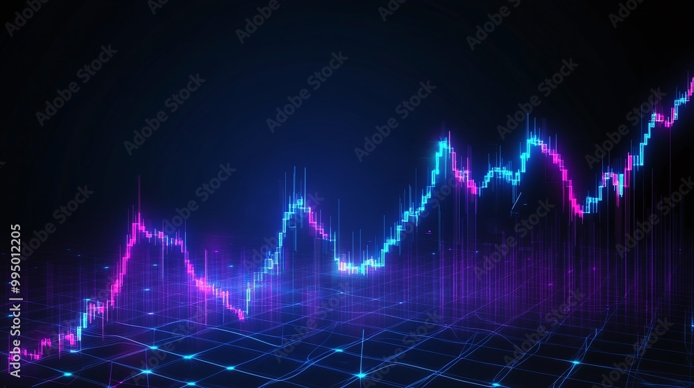Poster abstract digital graph with vibrant lines representing data trends against a dark background.