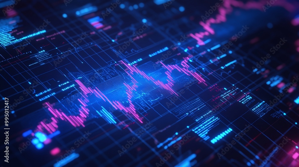 Poster abstract digital graphic representation of data analysis with vibrant colors and shapes.